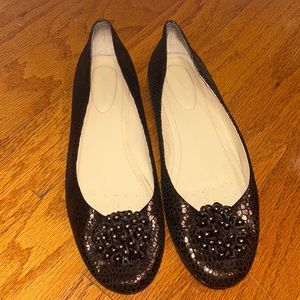 Calvin Klein ballet flat, Snakeskin look leather with beads and charm on toe.